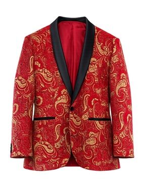 Coofandy Mens Red & Gold Paisley Tuxedo Jacket With Black Satin Lapel 2XL